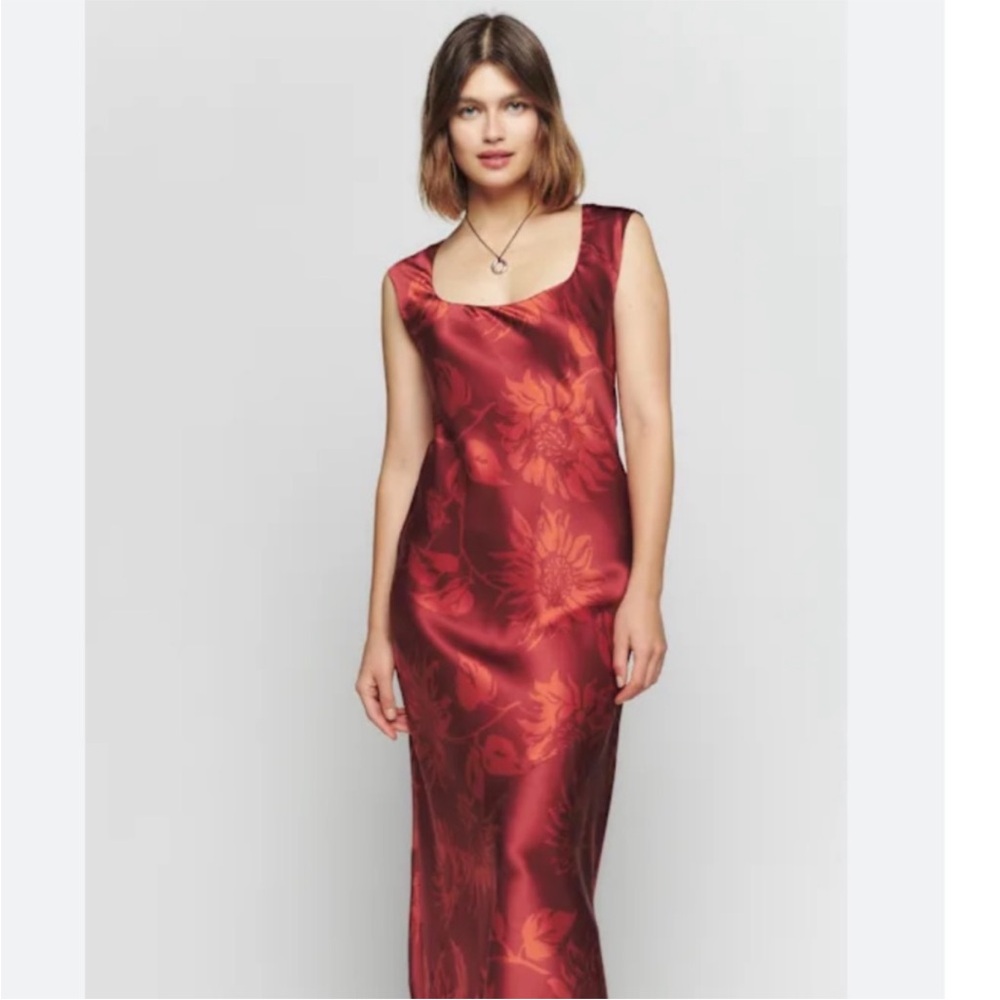 Reformation Satin Floral Slip Dress in Burgundy and Orange